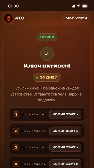Страница с ключом после оплаты на сайте 4TO: ссылки-подписки по одной на устройство, кнопки «Копировать»